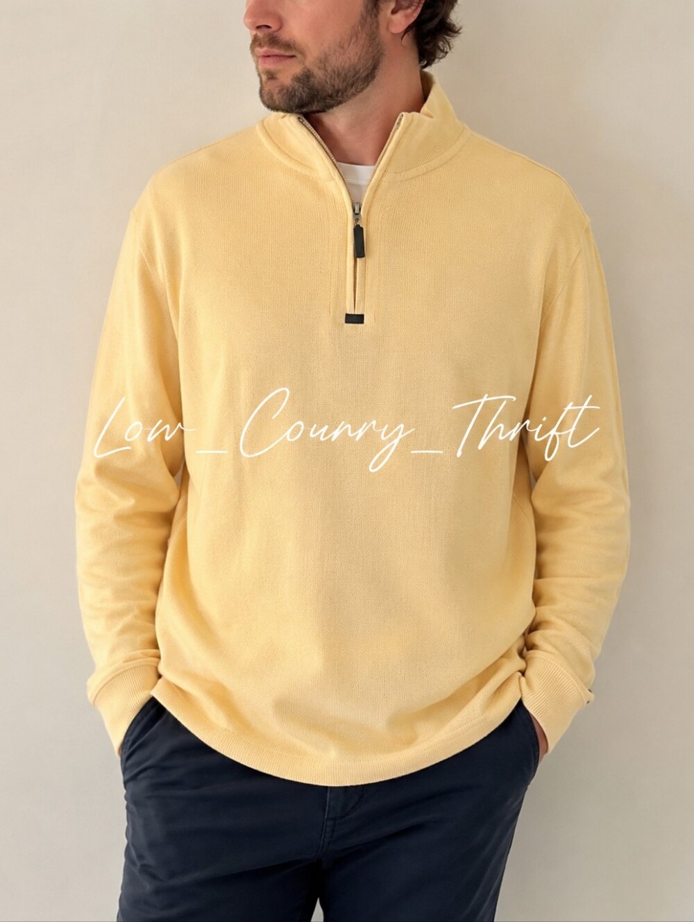 Alan Flusser Men's L Cream Quarter Zip Sweater NWT Cotton Blend Mock Neck